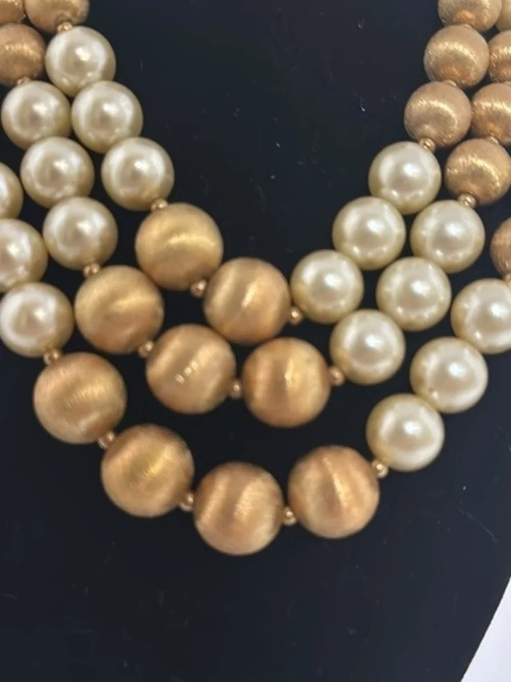 Vintage 1950’s Signed Napier 3 Strand Faux Pearl & Gold Tone Bead Necklace